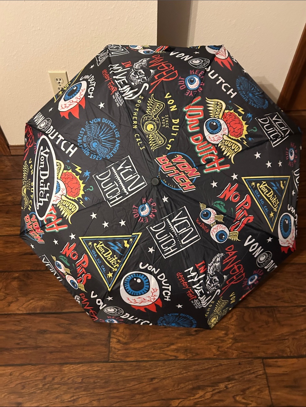 Von Dutch Black Umbrella with Multicolor Graphic Logos
